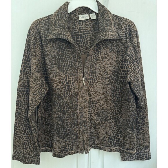 Chico's Leopard Print full Zip Front Jacket Size 1 medium brown black cotton - Picture 1 of 13